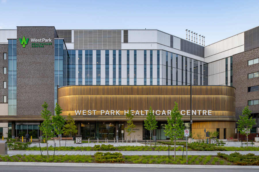 A rendering of the new West Park Healthcare Centre hospital from across a street.